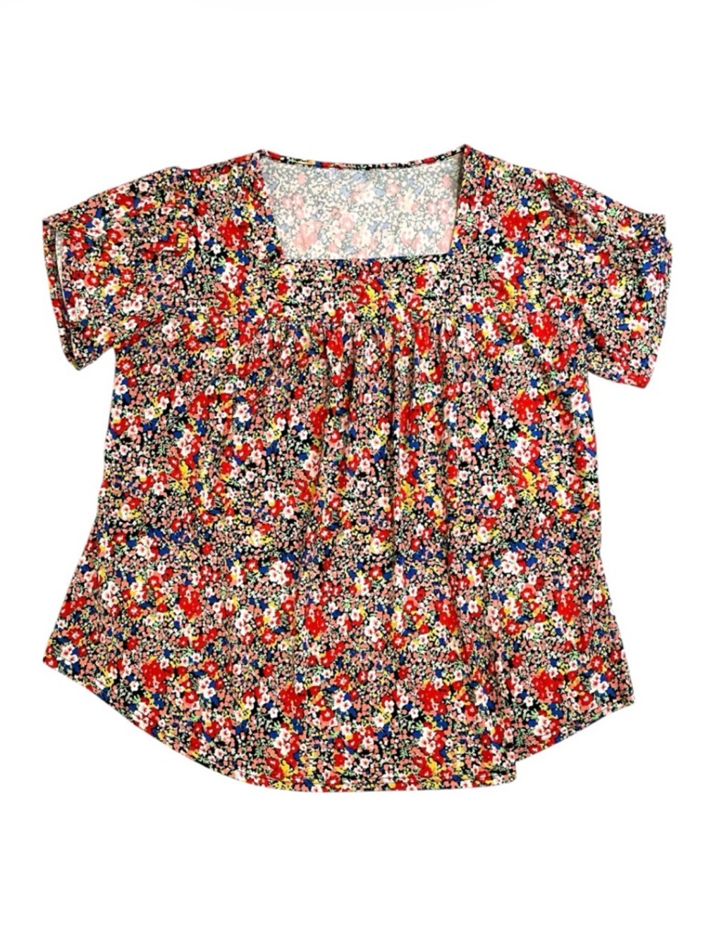 Floral Multicolored Square-Neck Short Sleeve Blouse